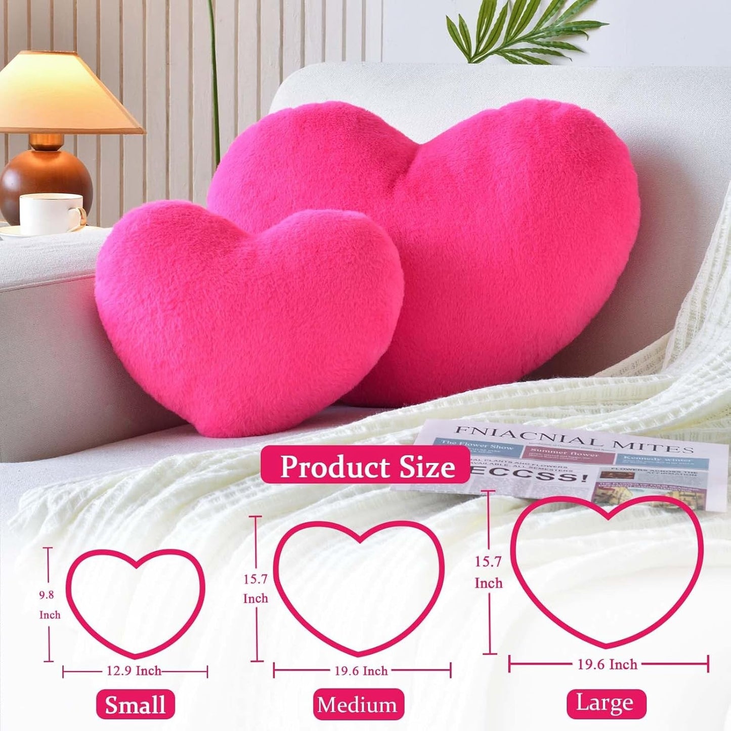 Hot Pink Heart Pillows, Cute Heart Decorative Pillow, Heart Shaped Throw Pillows for Bed, Faux Rabbit Fur Plush Hoom Decor Pillow Cushion for Chair Sofa Living Room (Medium-15.7"x11.8")