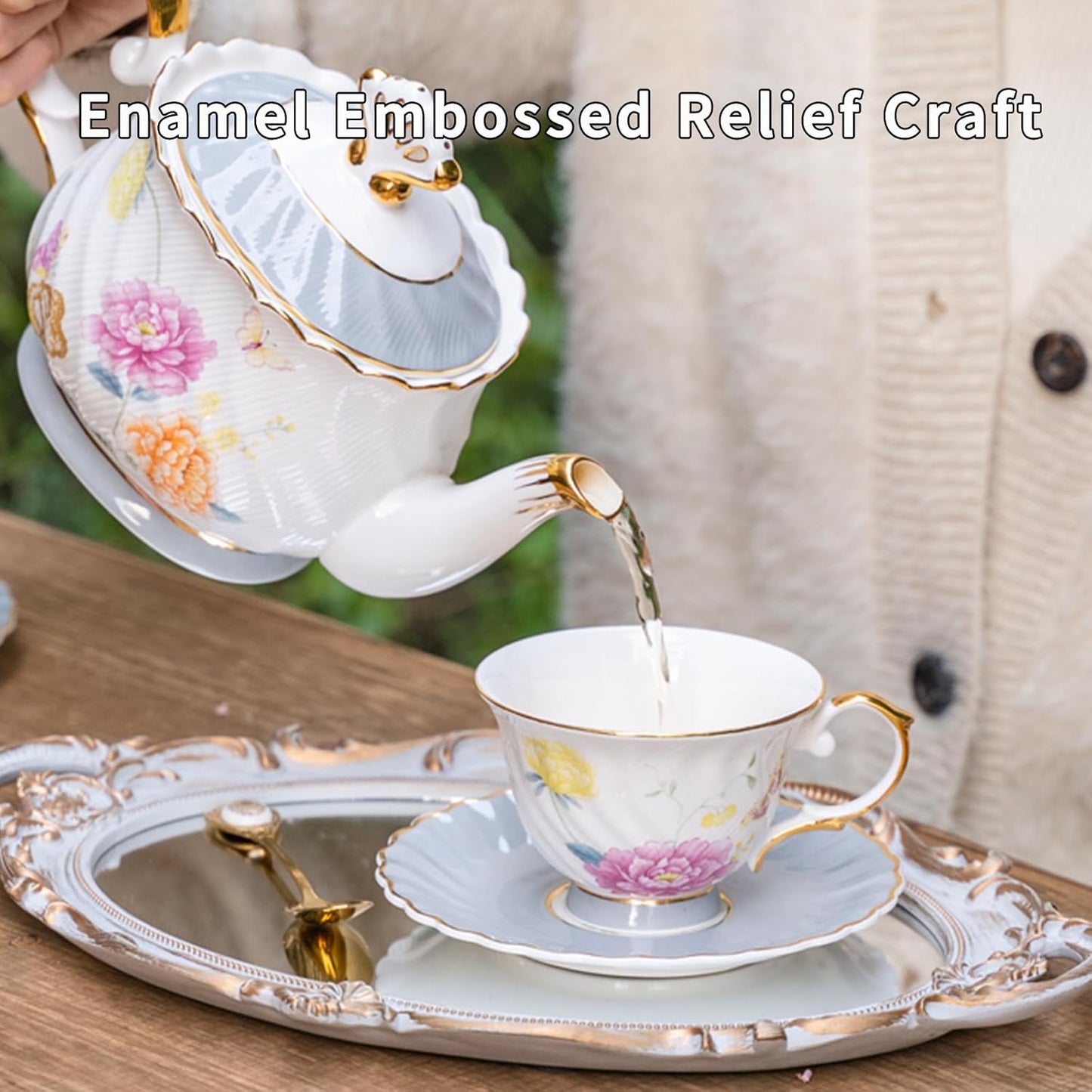 Floral Tea Cup and Saucer Set, Vintage Cup with Gold Trim, Bone China Coffee Cup with Saucer and Spoon, Ceramic Food Grade Mug for Women, Tea Party, Gifts Giving, 6.8 oz