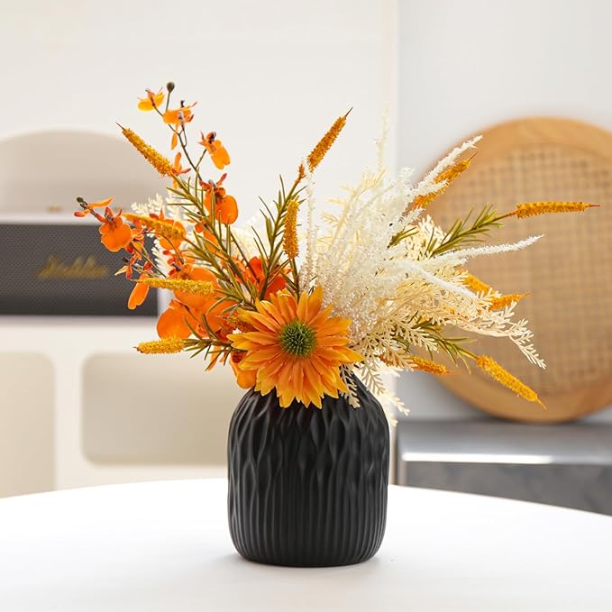 Black Ceramic Flower Vase Set of 2, Porcelain Cylindrical Dried Flowers Holder, Decorating for Drawing Room/Table/Study/Office Entryway, Modern Simple Boho Style (Black)