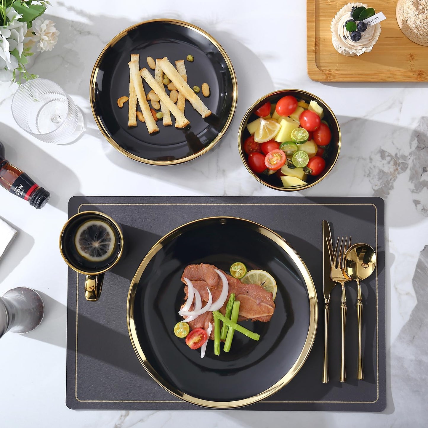 Dinner Plates, Set of 6, 10 inch, Black Porcelain with Gold Trim, Black Plates, Gold Ceramic Plates, Ideal for Desserts and Appetizers.