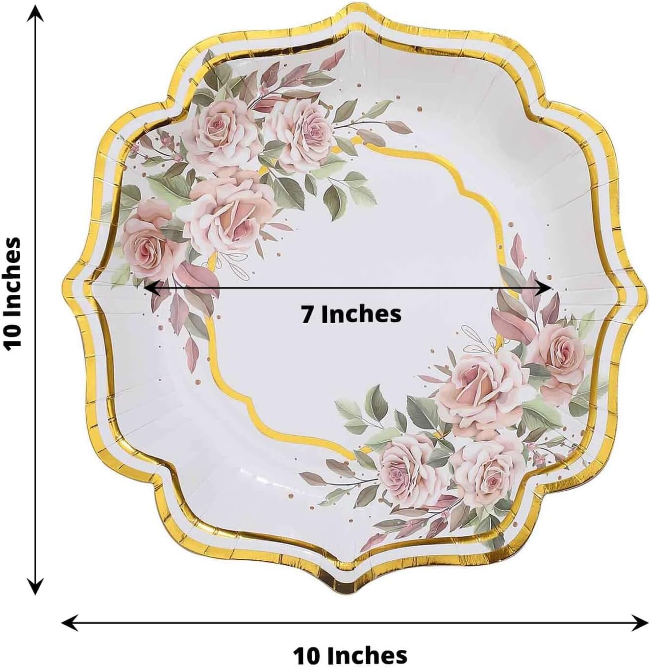 Efavormart 25 Pack | White/Gold Floral 10" Scallop Rim Dinner Party Paper Plates, Disposable Plates - 300 GSM