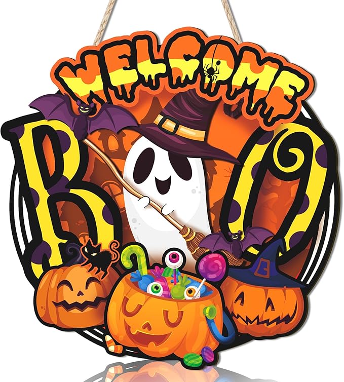 Welcome Halloween Door Sign,Ghost Door Wreath,Pumpkin Wall Sign,Pumpkin Ghost Wall Decoration,Funny Boo Welcome Halloween Plaque for Party Home Porch Yard Office Outdoor Nursery Living Room