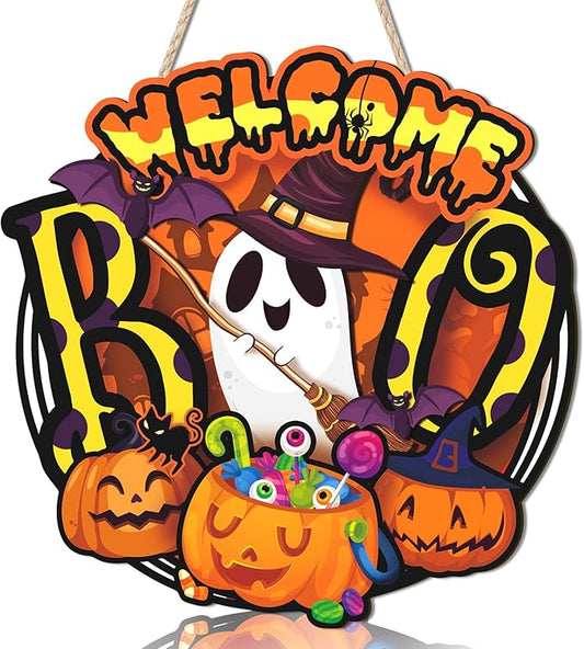 Welcome Halloween Door Sign,Ghost Door Wreath,Pumpkin Wall Sign,Pumpkin Ghost Wall Decoration,Funny Boo Welcome Halloween Plaque for Party Home Porch Yard Office Outdoor Nursery Living Room
