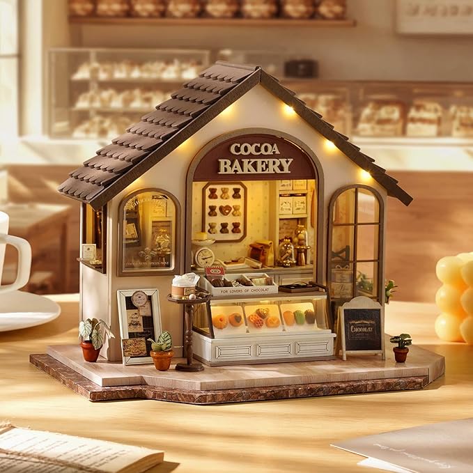 TuKIIE DIY Miniature House Kit with Furniture, 1:24 Scale Creative Room Mini Wooden Dollhouse Book Nook Plus Dust Proof & Music Movement for Kids Teens Adults(Leisurely Bakery)
