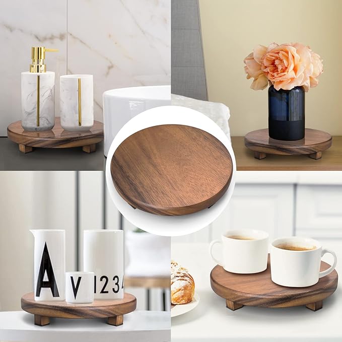 Walnut Wood Pedestal Stand, 9.06" Round Wood Riser for Kitchen Counter, Farmhouse Soap Tray Wooden Display Riser for Decor, Plant, Bottle, Cake Stand