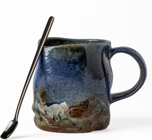 Handmade Ceramic Coffee Mugs, Mugs with Coffee Spoon, 11oz, Handmade Pottery Mug with Handle, Hand-painting, Unique Uneven Surface Tea cups, Dishwasher and Microwave Safe (Blue)