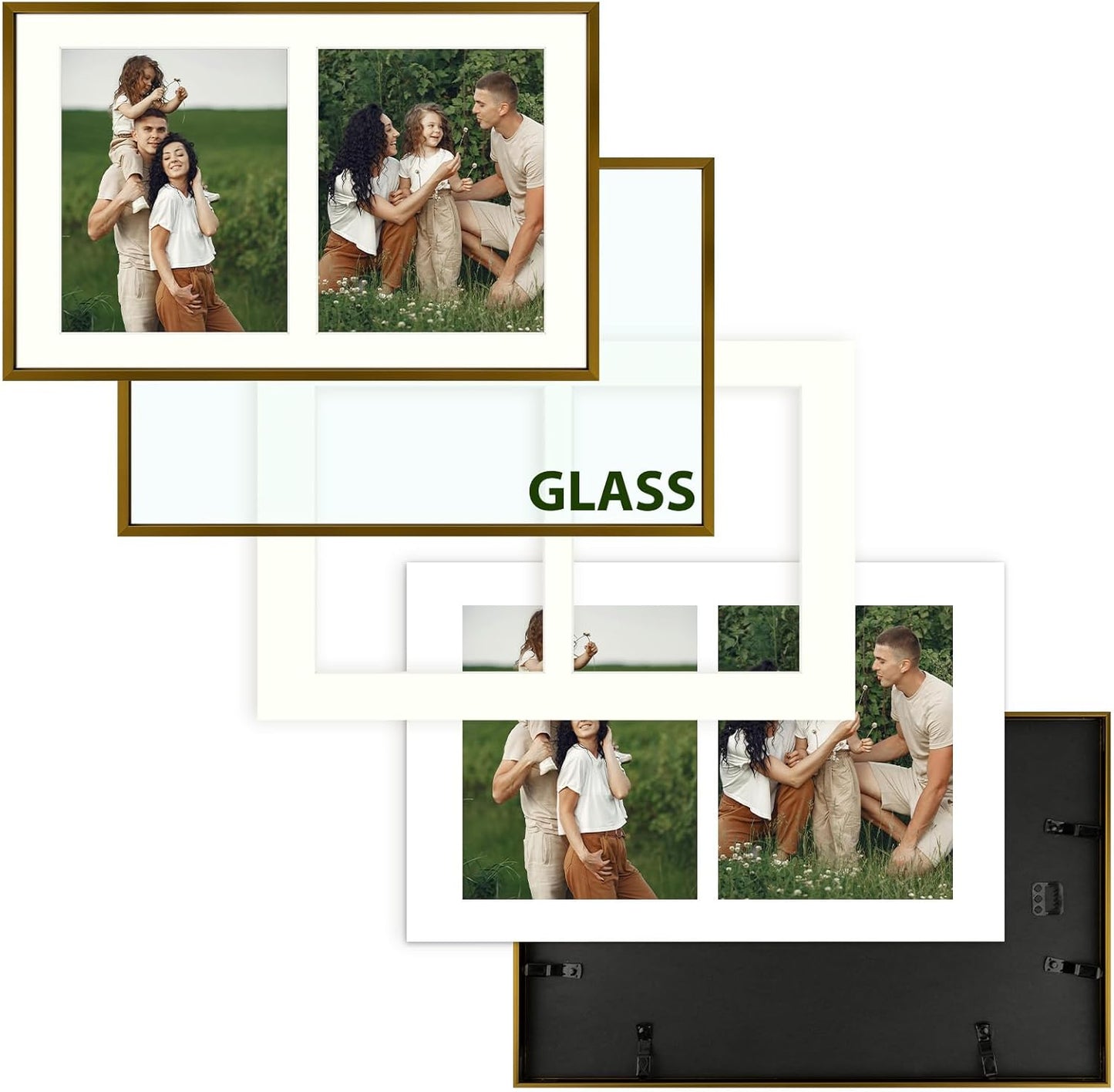 Frametory - 12x19 Aluminum Collage Picture Frame - Display 8x10 Pictures with 2 Openings Mat - Real Glass Front - Horizontal/Vertical Wall Mount - Bronze 1 Pack