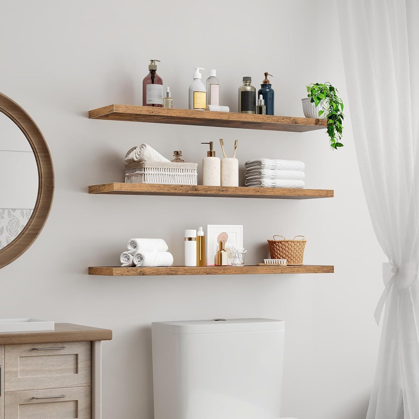 Floating Shelves for Wall, 1.5" Thick Wall Shelf Set of 3 with Invisible Bracket, L39.4 x W7.9 Hanging Shelves Farmhouse Home Decor for Bathroom, Living Room, Bedroom Rustic Brown 10301BJP3BF