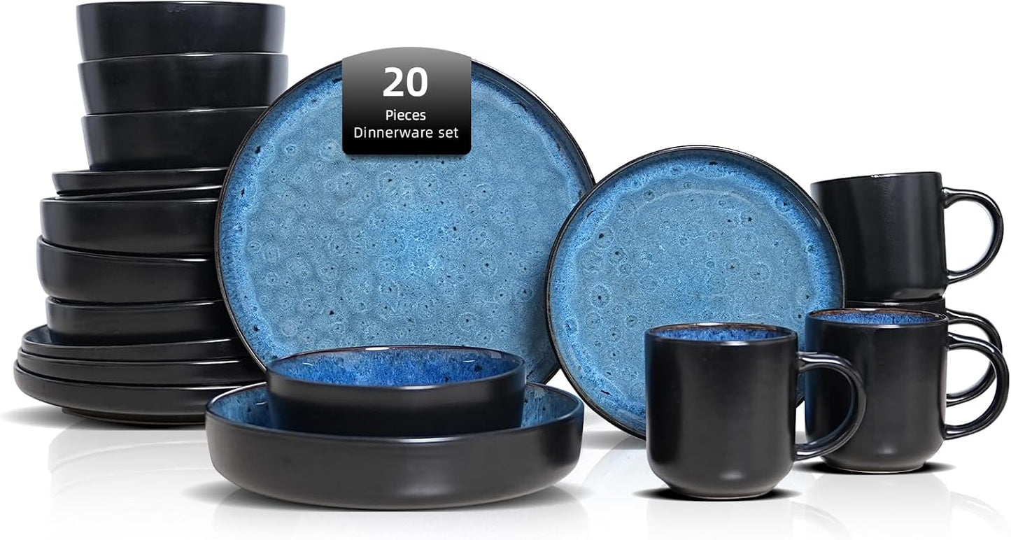 HomeVss 20-Piece Dinnerware Set - Serves 4, Reactive Glaze Bubble Blue Plates & Bowls Set | Microwave & Dishwasher Safe