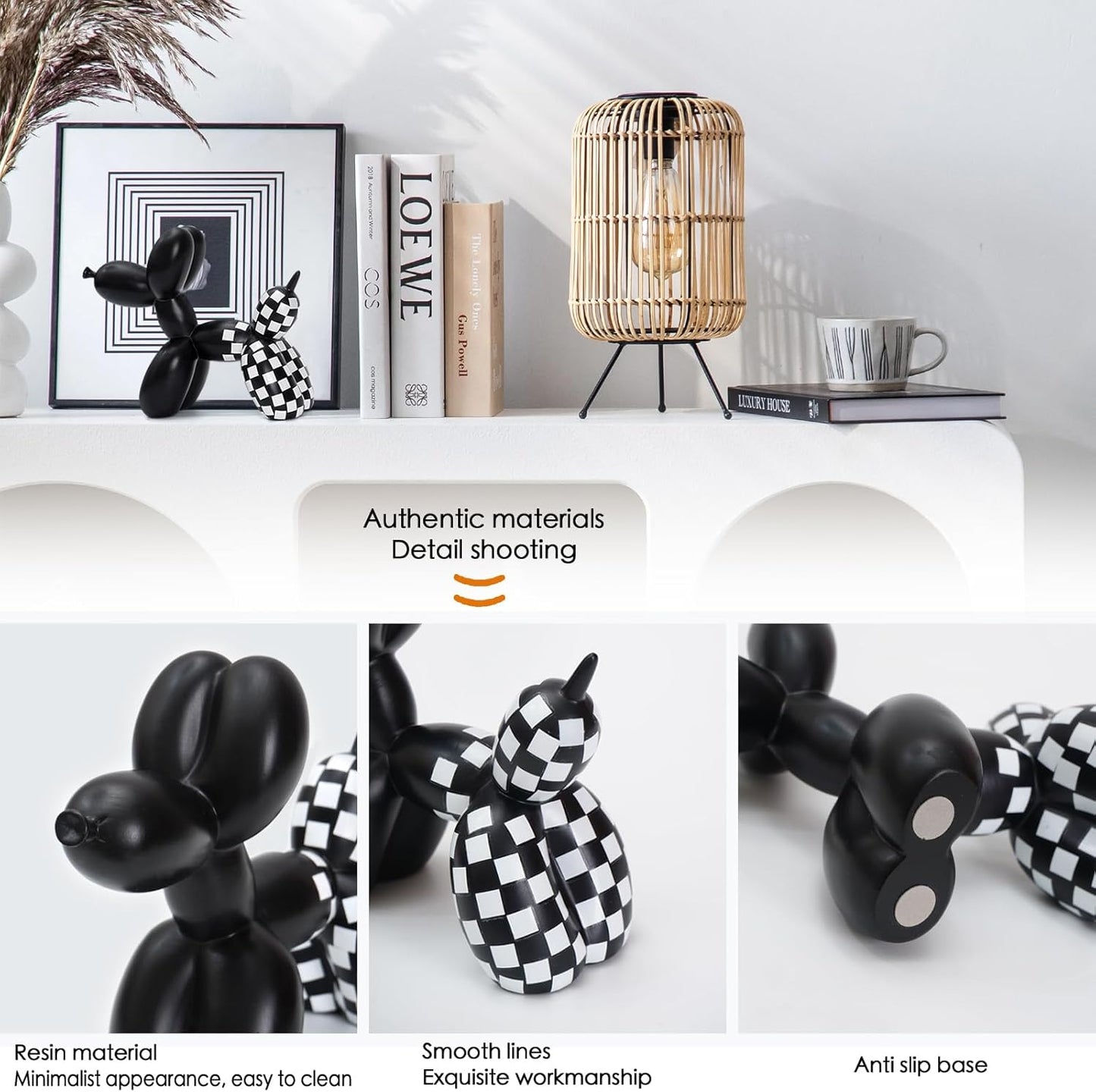 GDYOOSHOW 7 Inch Balloon Dog Decor Balloon Animal Sculpture Creative Puppy Crafts for Modern Bedroom Office Desktop (Black and White Check, H-7inch)