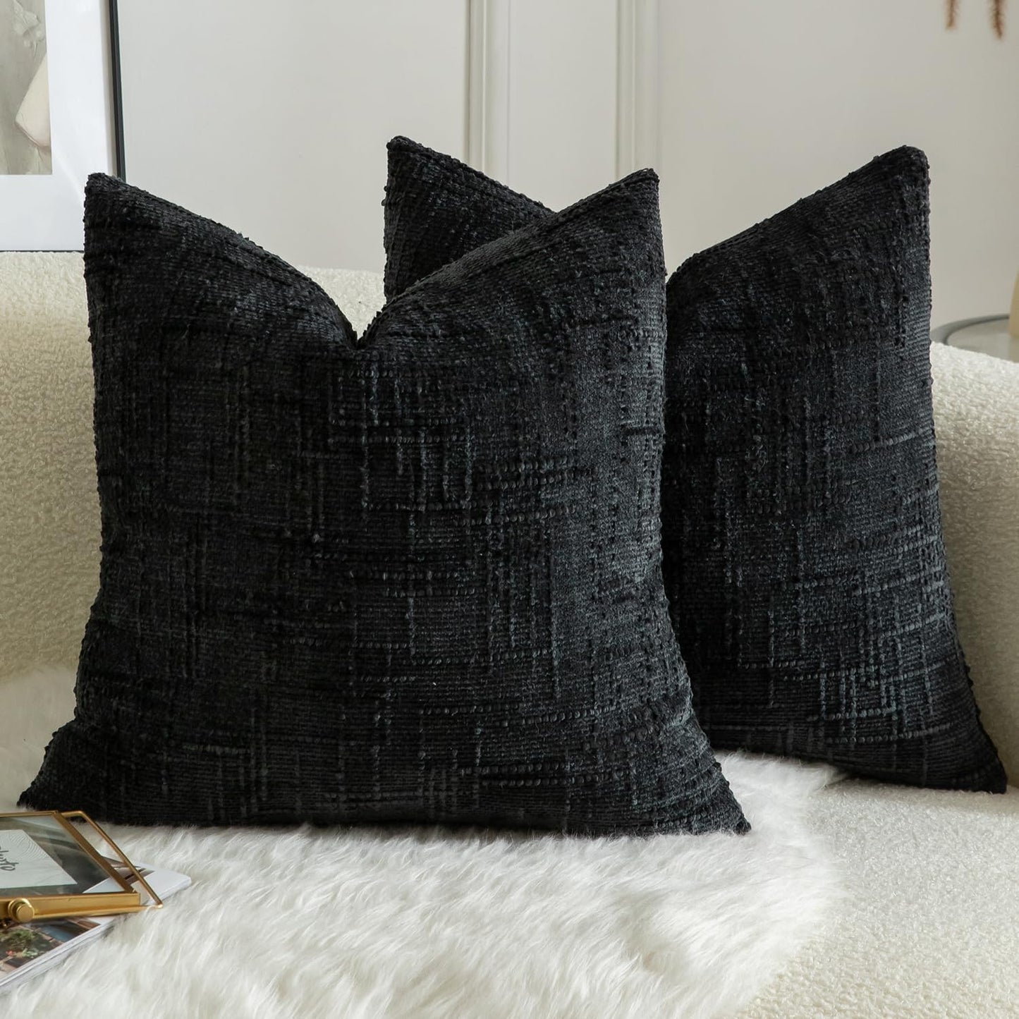MANDIOO Pack of 2 Soft Chenille Textured Throw Pillow Covers Square Accent Solid Decorative Cushion Cover Cozy Farmhouse Pillow Case for Couch Sofa Bed Living Room 16x16 Inch Black