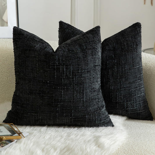 MANDIOO Pack of 2 Soft Chenille Textured Throw Pillow Covers Square Accent Solid Decorative Cushion Cover Cozy Farmhouse Pillow Case for Couch Sofa Bed Living Room 26x26 Inch Black