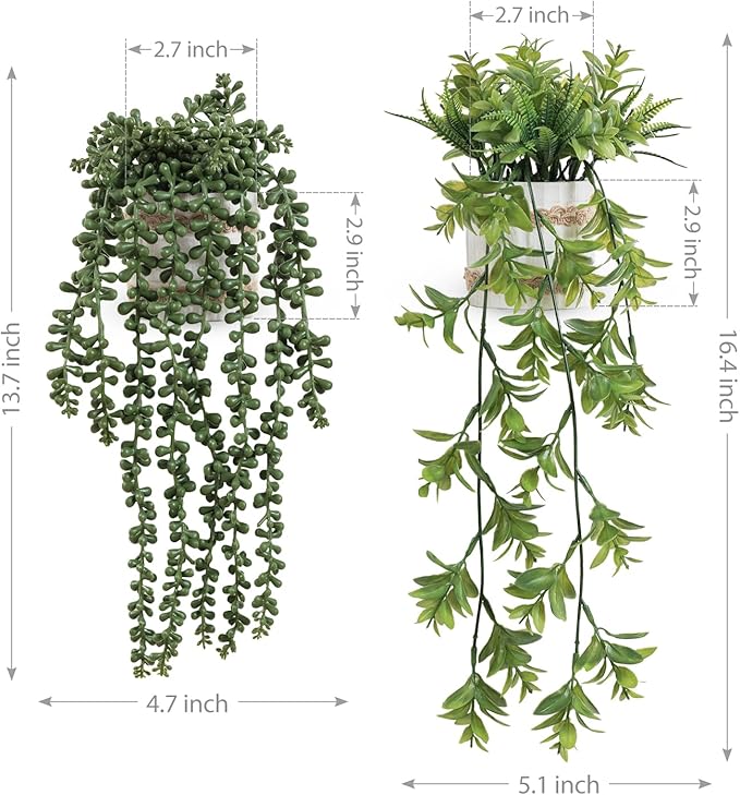 Fake Hanging Plants, 2pcs Artificial Potted Greenery Faux Eucalyptus Vine Fern and String of Pearls in Pot for Home Room Wall Shelf Patio Garden Indoor Outdoor Decor