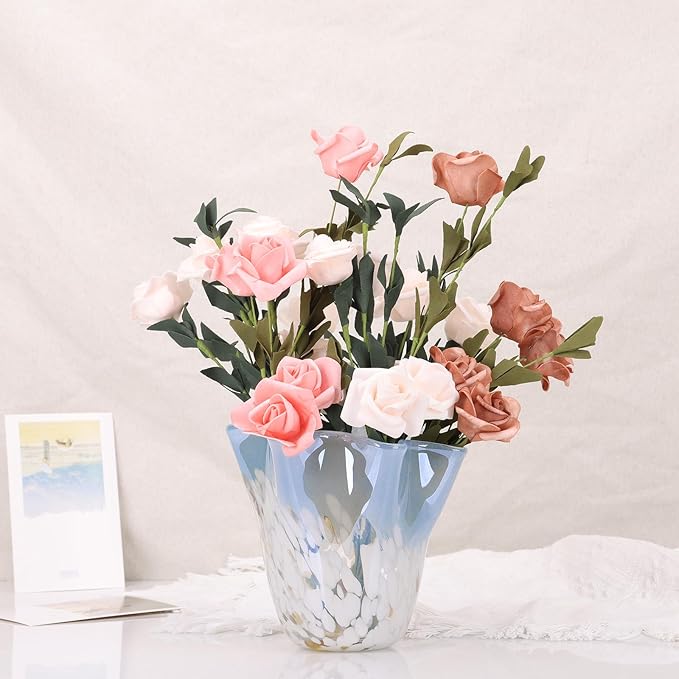 Hand Blown Glass vase, Blue Glass Art Wide Mouth vase for Home Living Room, Fireplace Decor, Table centerpieces, entryway Tables and Wedding Decor.