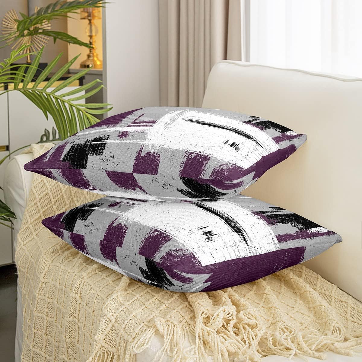 Feelyou Abstract Throw Pillow Covers for Couch Sofa Bed, Set of 2 Modern Abstract Art Decorative Pillows Cushion Covers, Purple Grey White Pillow Inserts Not Included, 20x20 inch