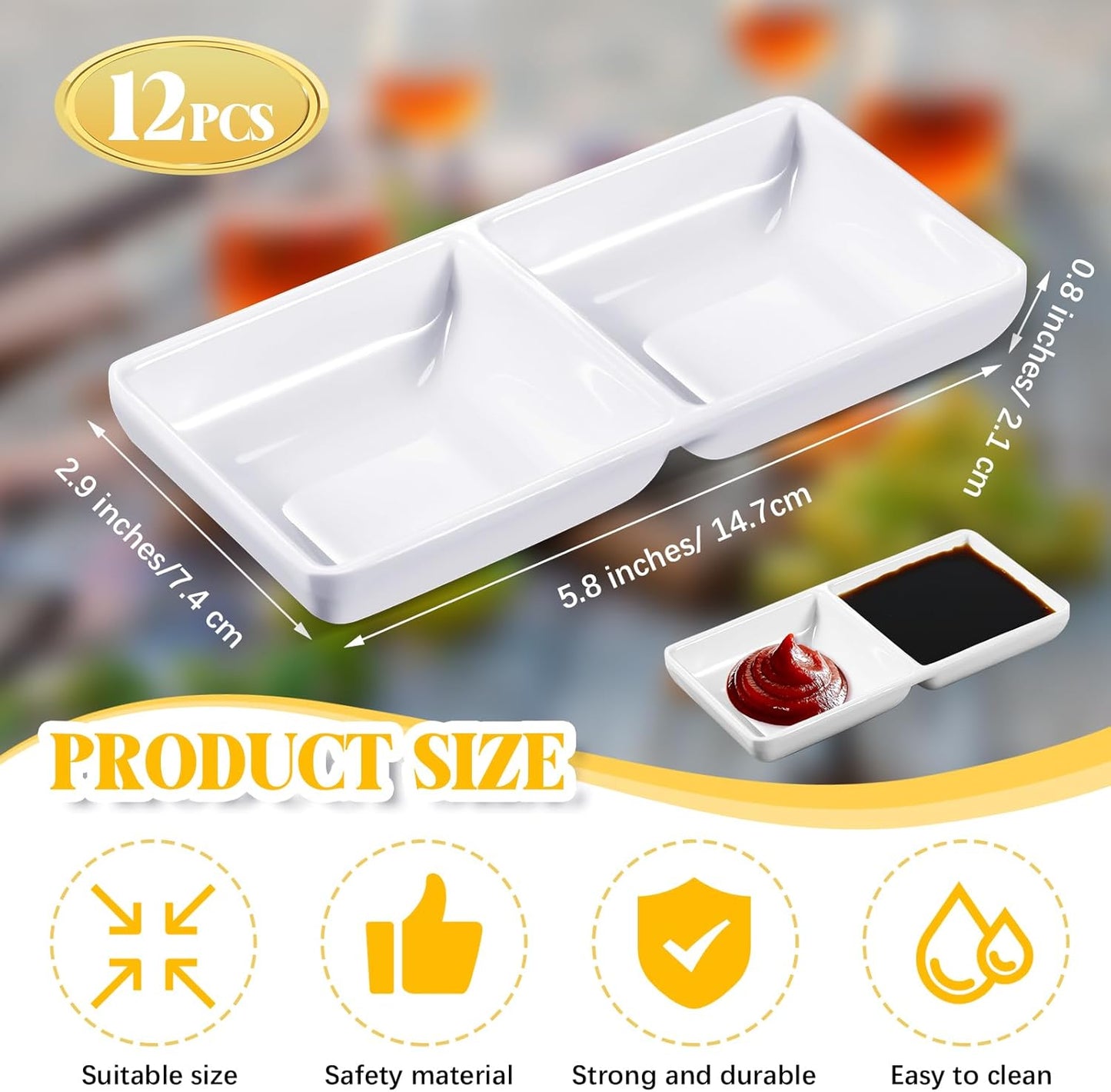 Gejoy 12 Pcs Dual Dipping Sauce Bowls Soy Sauce Dish Bowls Two Compartments Party Trays Divided Fondue Plates for Restaurant Kitchen Sushi Soy (White)