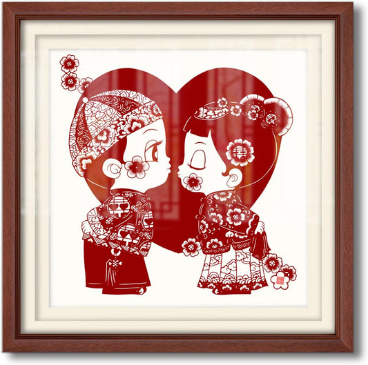 crmotu Chinoiserie Wall Art, Chinese Wedding Paper-Cutting Framed Wall Decor, Romantic Couple Wall Decor, Unique Folk Handmade Gift for Newlyweds Engagement Anniversary 26x26 Inch