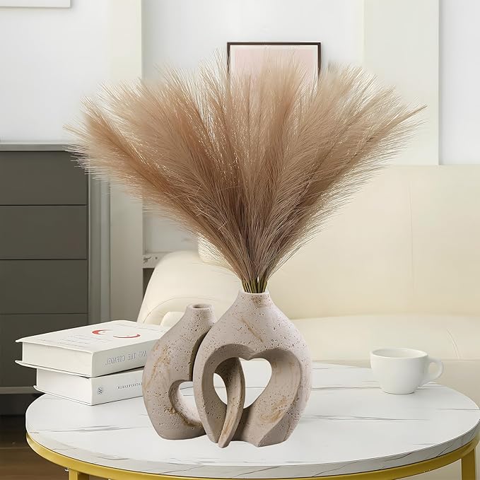 Modern Hollow Vase Set of 2 - Natural Travertine Textured Resin Vases for Flowers, Pampas Grass, Home Decor - Centerpiece for Bathroom, Entryway, Nightstand (8.5 Inches Tall, Heart Design)