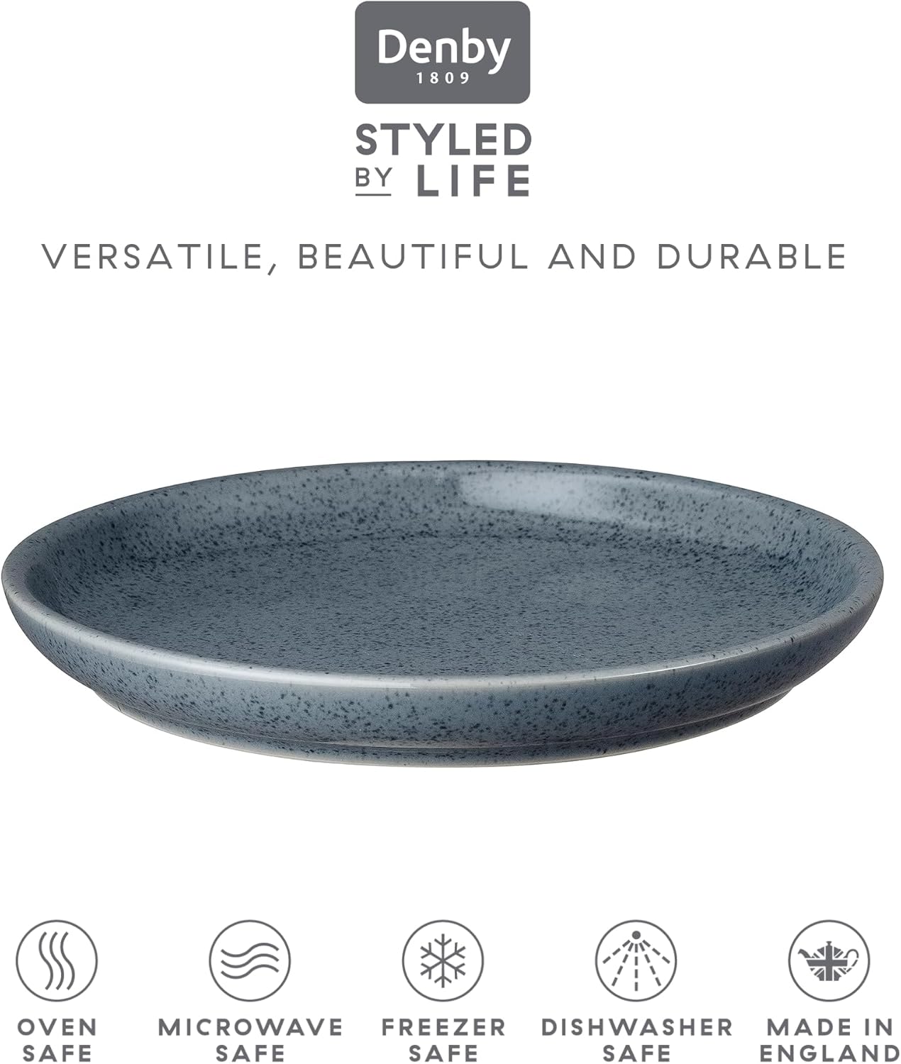 Denby - Dark Gray Speckle Medium Plates Set of 6 - Gray Reactive Glaze Patterned - Dishwasher, Microwave Safe Crockery 8.25" - Ceramic Stoneware Tableware - Chip & Crack Resistant