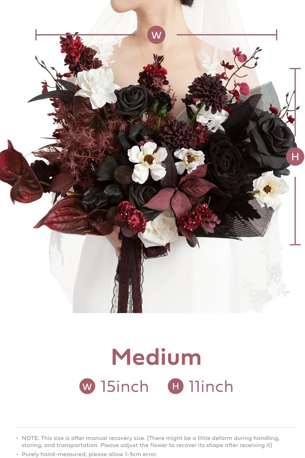 Ling's moment Black and Burgundy Wedding Bouquets for Bride, Gothic Bridal Bouquets for Bride, 15 Inch Free Form Artificial Wedding Flower Bouquet