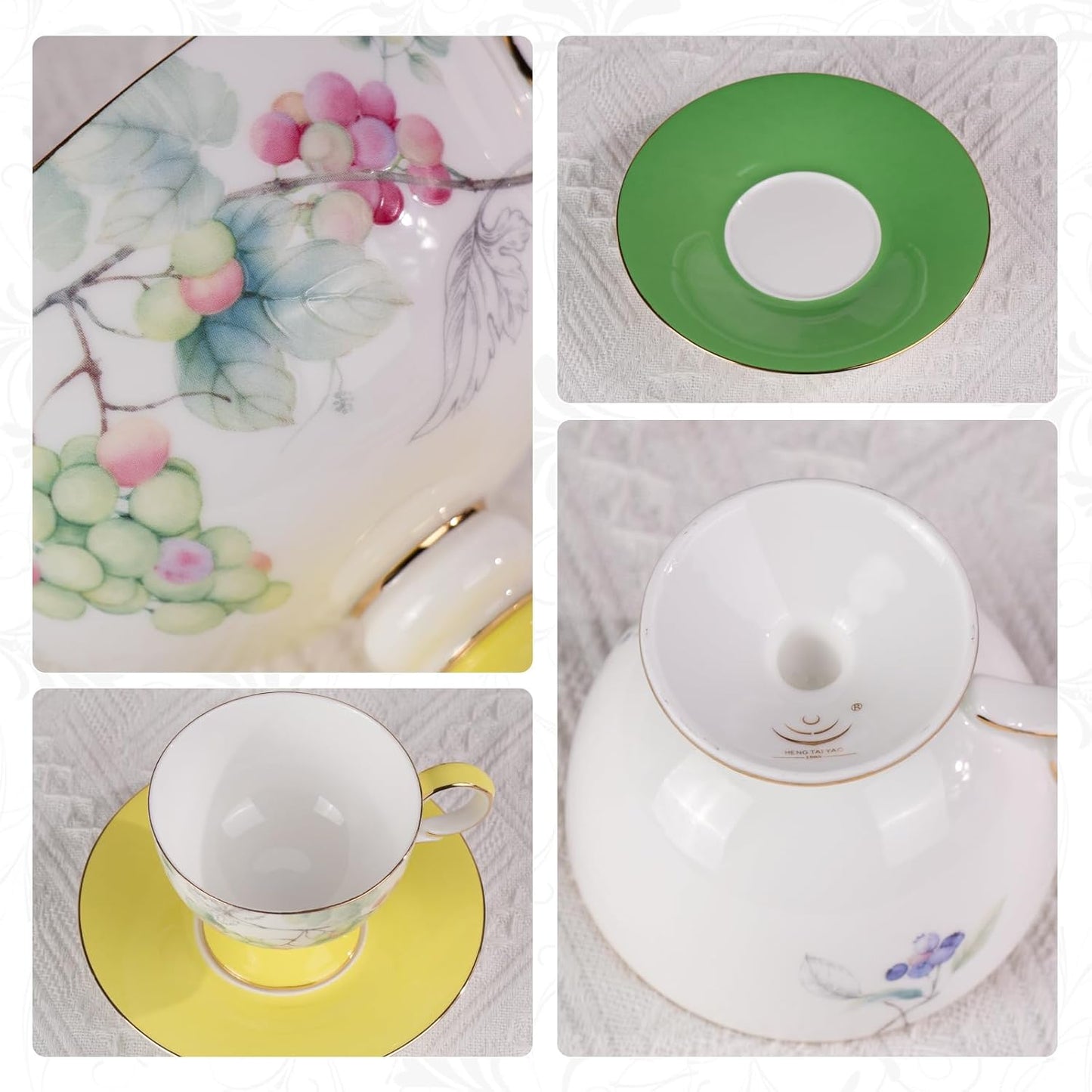 KAMMAK Ceramic Coffee Cups Saucers Set of 2, Porcelain Espresso Cups with Saucers, 7.44 oz Handcrafted Elegant Bone China Tea Cups, Grape & Blueberry Pattern Teacup for Party, Office, Women Gift