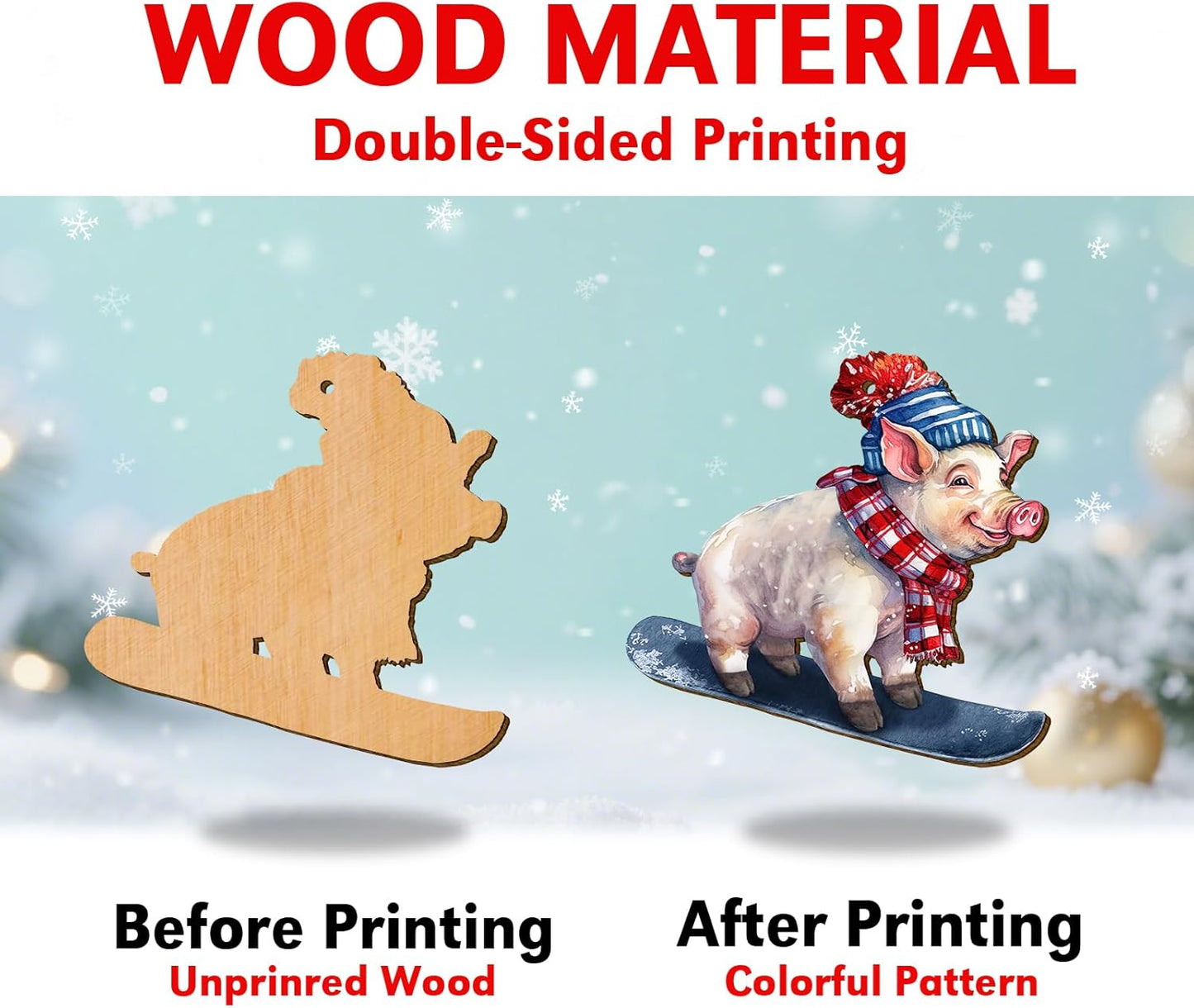 Funny Pig Ornament for Christmas Tree, 2-Side Printed Flat Wooden Ornament, Farmhouse Decor, Farm Animal Gifts for Women