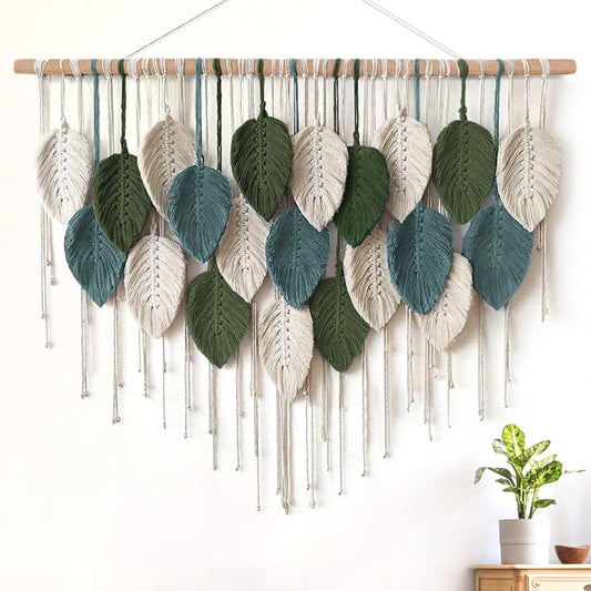 KHOYIME Macrame Wall Hanging Large Boho Home Decor, Bohemian Leaves Tapestry Modern Handmade Yarn Woven Feather Leaf Chic Wall Art Decorations for Bedroom Living Room Nursery Backdrop 39" W X 29.5" L
