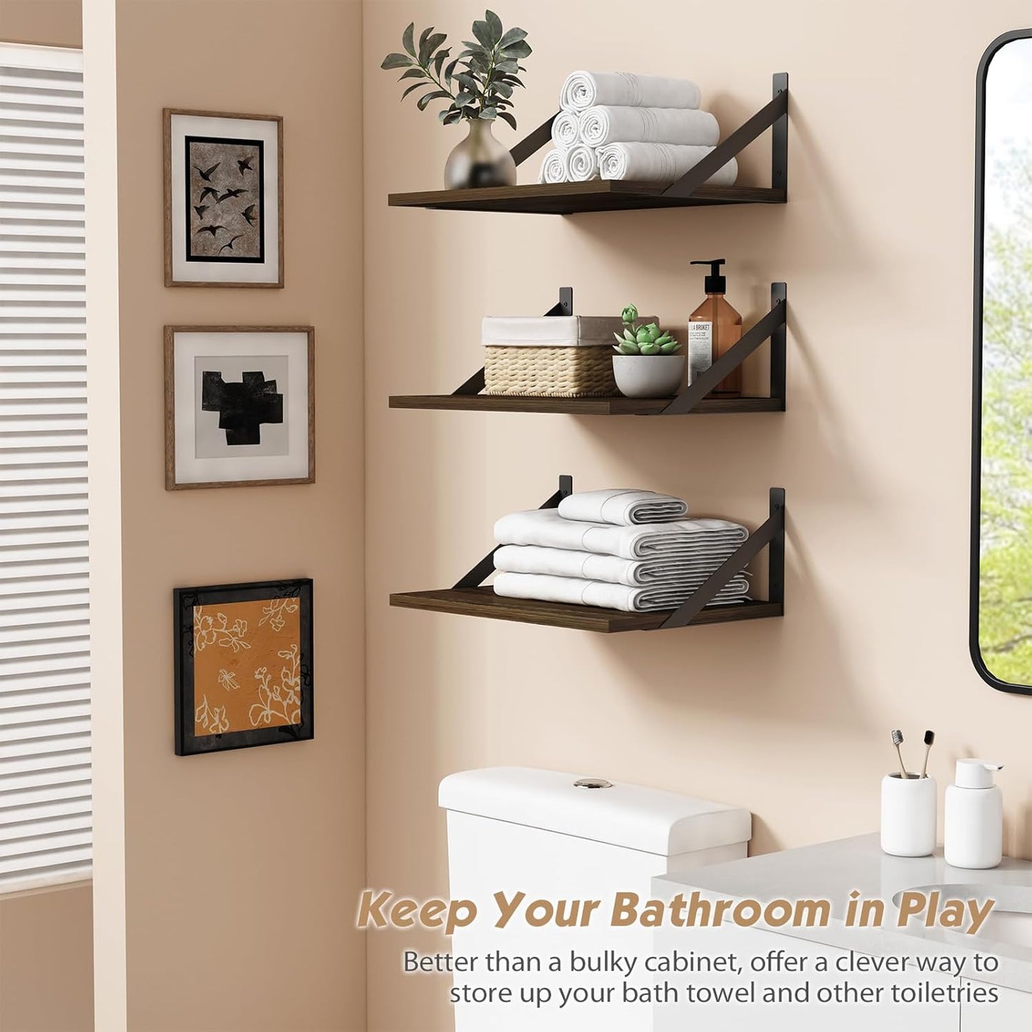 Forbena 12 Inch Deep Floating Shelves for Wall Set of 3, Wooden Wall Bookshelf for Bedroom Books, Rustic Wood Hanging Bookshelves for Bathroom Living Room Office Storage (Dark Brown)