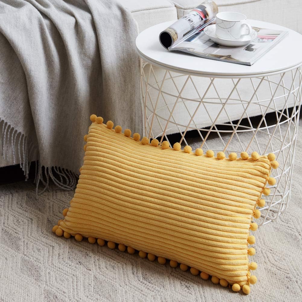 Fancy Homi Pack of 2 Boho Lumbar Decorative Throw Pillow Covers with Pom-poms, Soft Corduroy Solid Rectangle Cushion Cases Set for Couch Sofa Bedroom Car Living Room (12x20 Inch/30x50 cm, Yellow)
