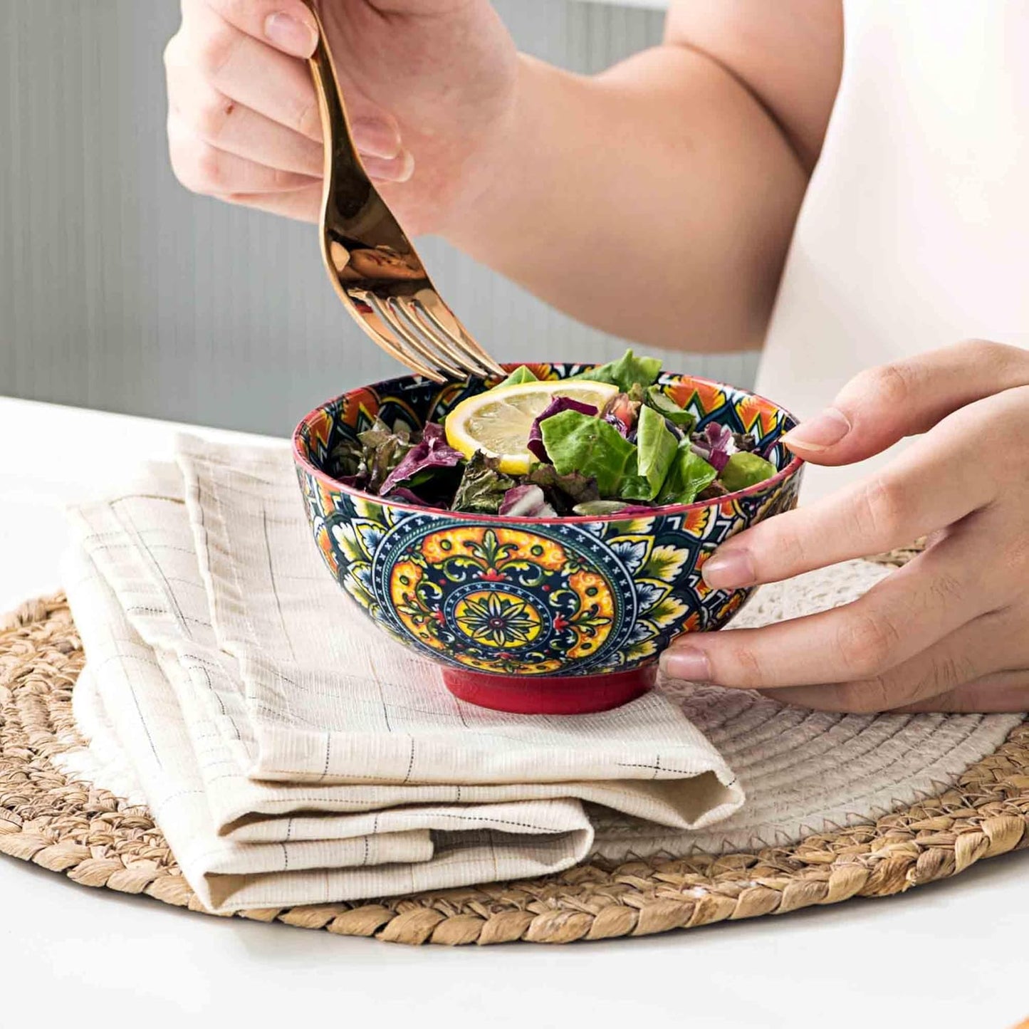 Henten Home Ceramic Dessert Bowls Set of 4, Bohemia 10 oz Snack Serving Bowl, Porcelain Colorful Bowls for Sauce, Fruits, Ice Cream, Soup, Decorative, Microwave & Dishwasher Safe