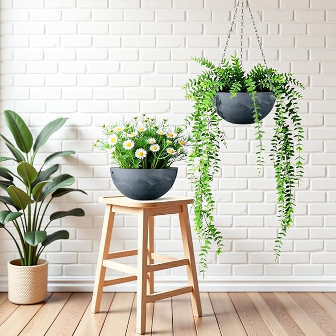 Marble Pattern 10 Inch Hanging Planter for Indoor Outdoor Plants, 2 Pack Hanging Planter Basket for Garden Home Decor Use (Gray)