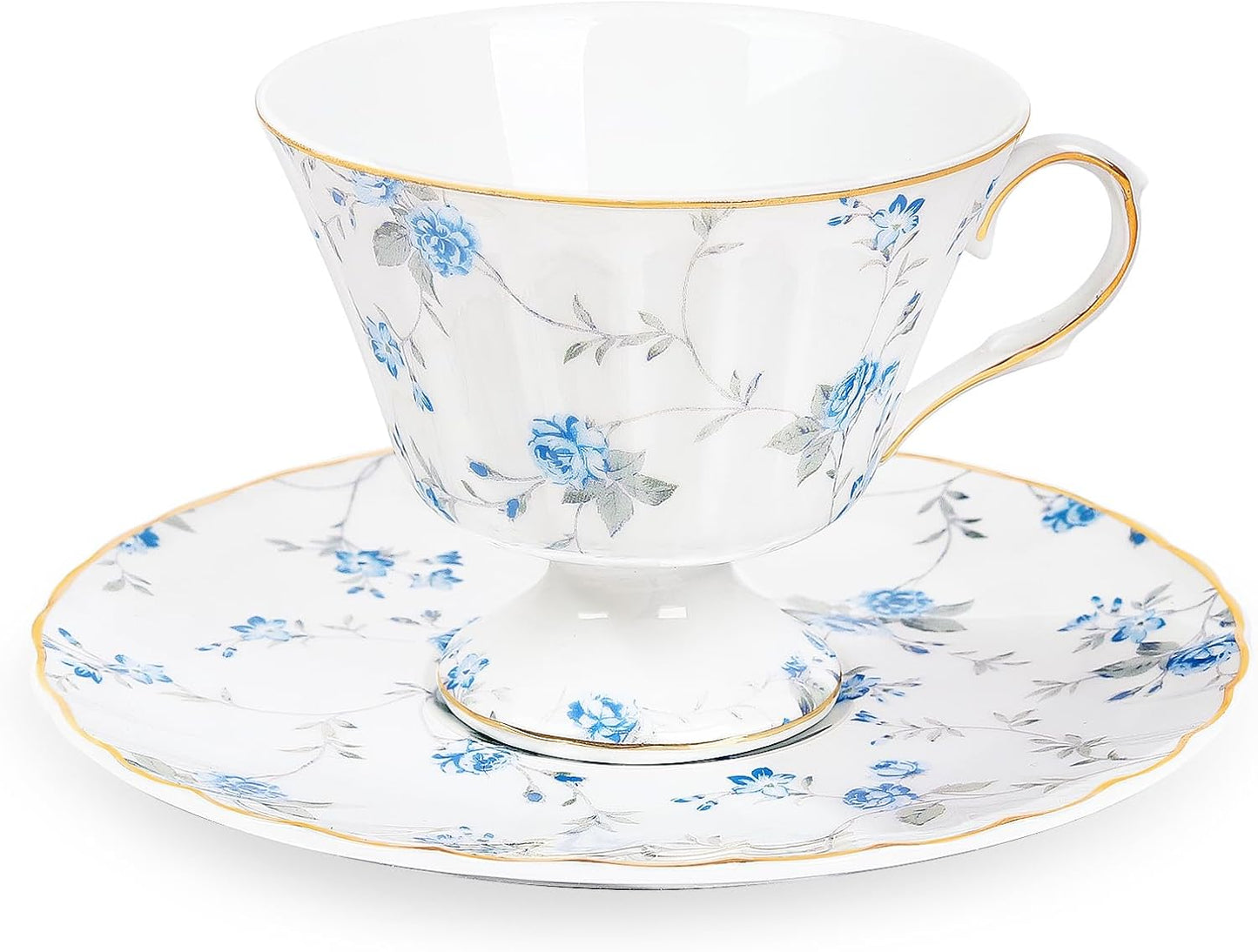 fanquare White Tea Cup and Saucer, Vintage Blue Floral Print Tea Cups for Women Gift, Retro Bar Coffee Mug for Cappuccino Latte, 5oz