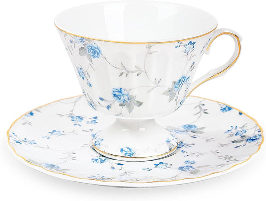 fanquare White Tea Cup and Saucer, Vintage Blue Floral Print Tea Cups for Women Gift, Retro Bar Coffee Mug for Cappuccino Latte, 5oz