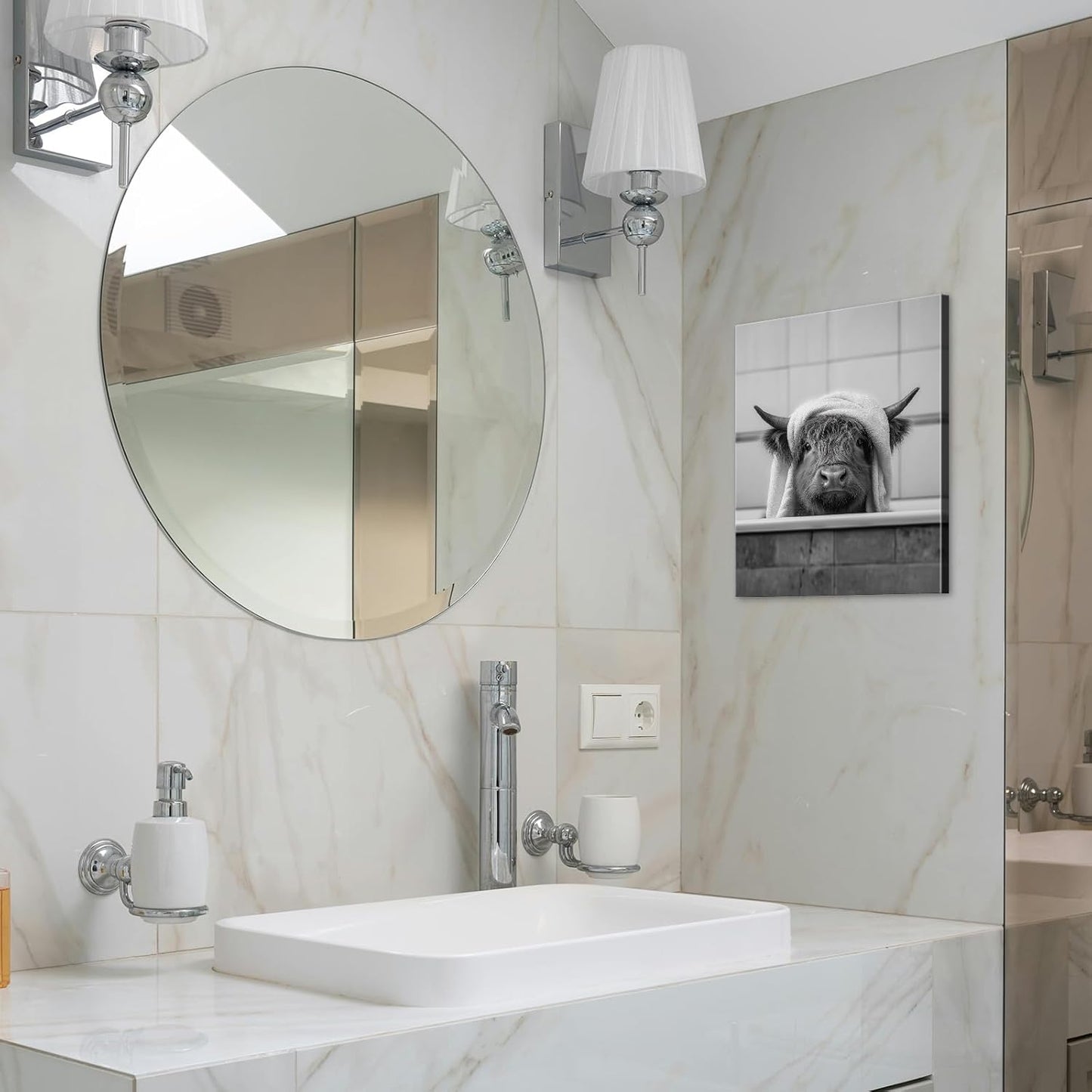 Funny Highland Cow Wall Art with Wooden Frame Ready to Hang - 12x15.7 Inch Waterproof Funny Decor Bathroom Decor, Bathroom Highland Cow Pictures Wall Art for Room