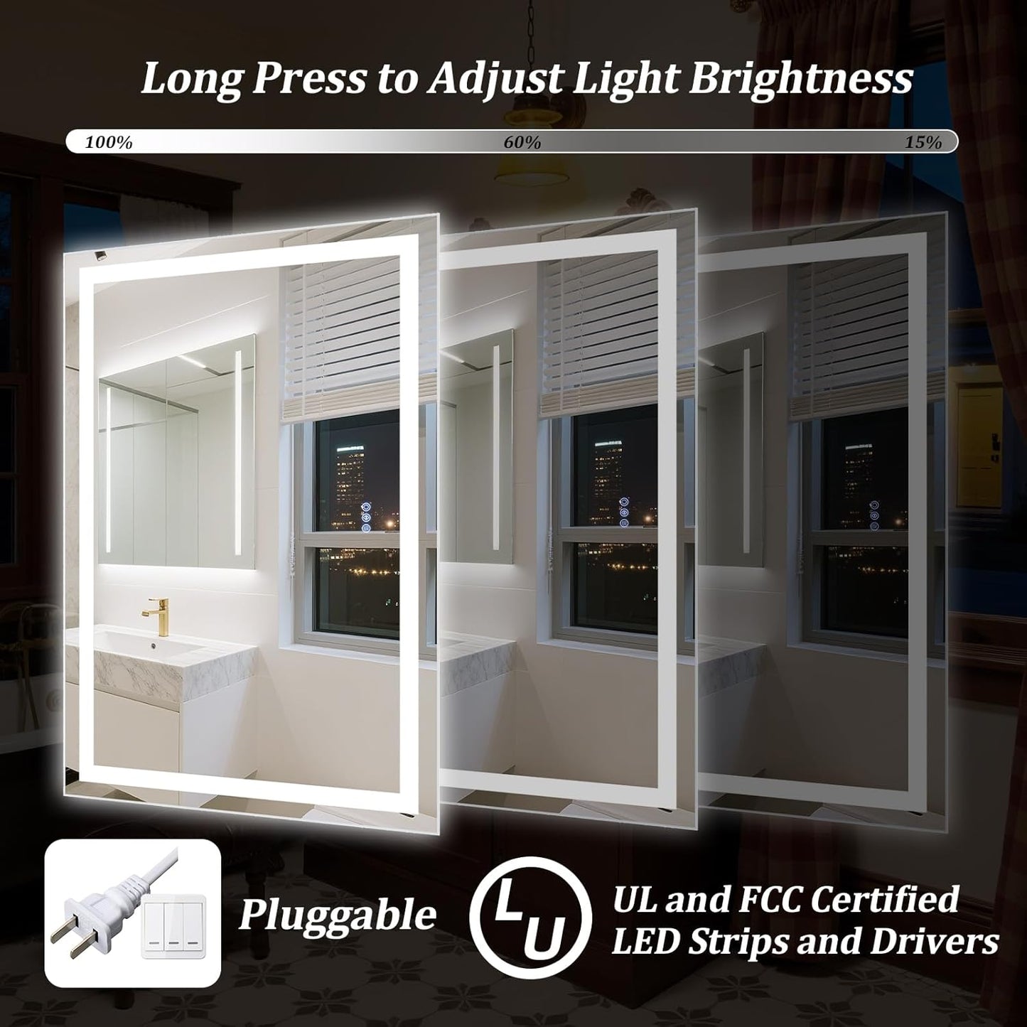 LED Bathroom Mirror, 40"x 30" Smart Bathroom Vanity Wall Mirrors with Lights, Anti-Fog, Dimmable, Backlit + Front Lit, 3 Color Modes, Memory Function