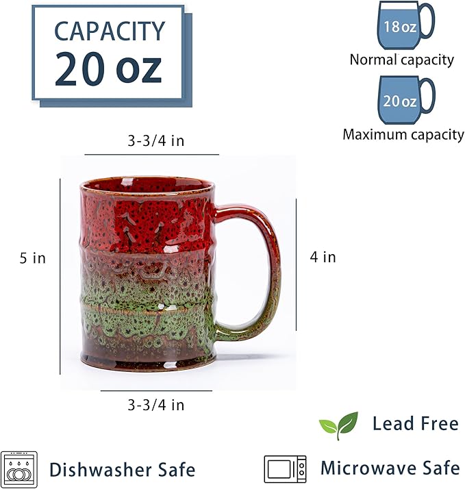 20 Oz Coffee Cups-Beer Mug, Large Ceramic Coffee Mugs, Handmade Pottery Mug, Tea Cups with Handle for Office and Home, Dishwasher and Microwave Safe (Red & Green)