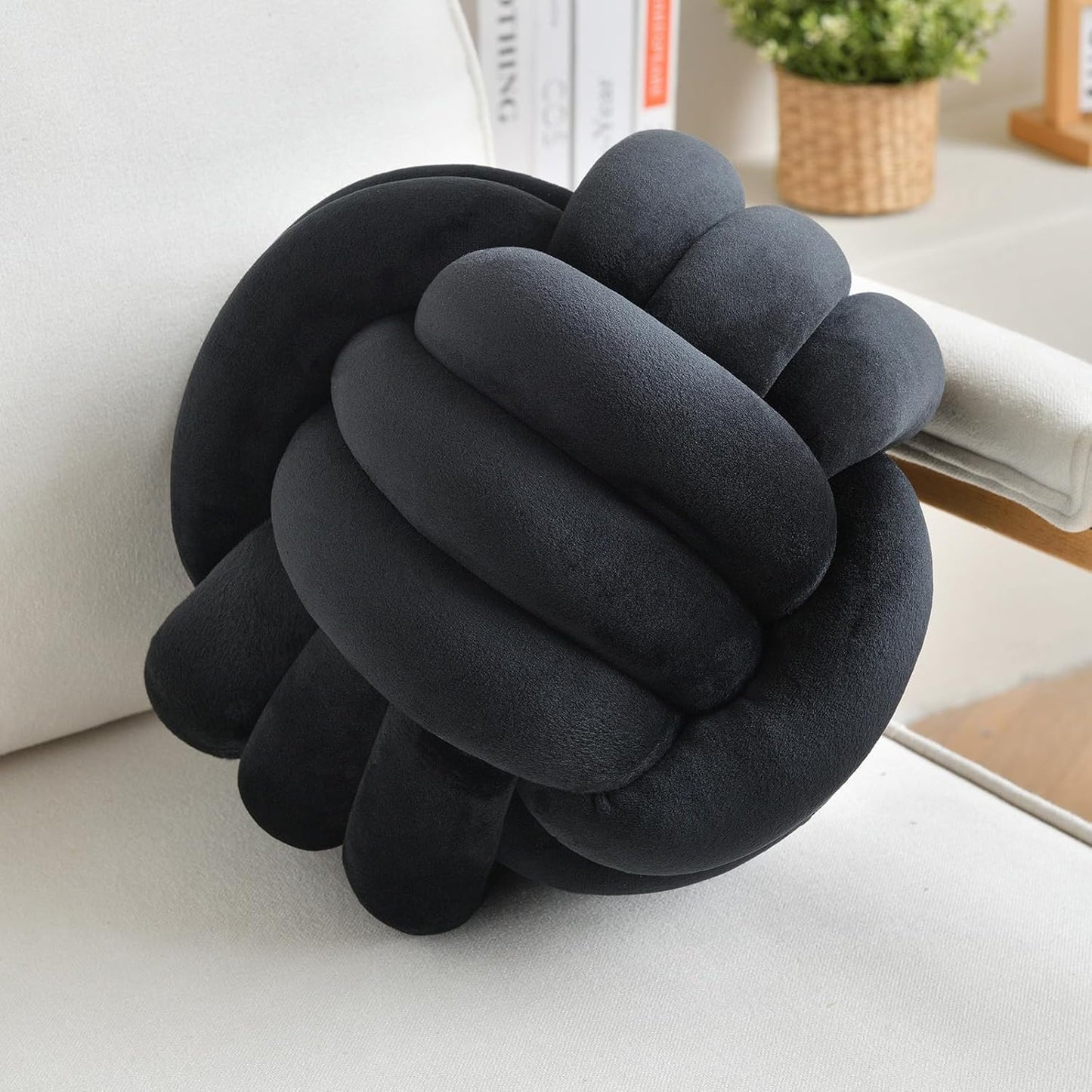 Decorative Throw Knot Pillow Ball for Home Chair Sofa Aesthetic Round Velvet Knotted Pillow Cushion (Black, 8 inches)