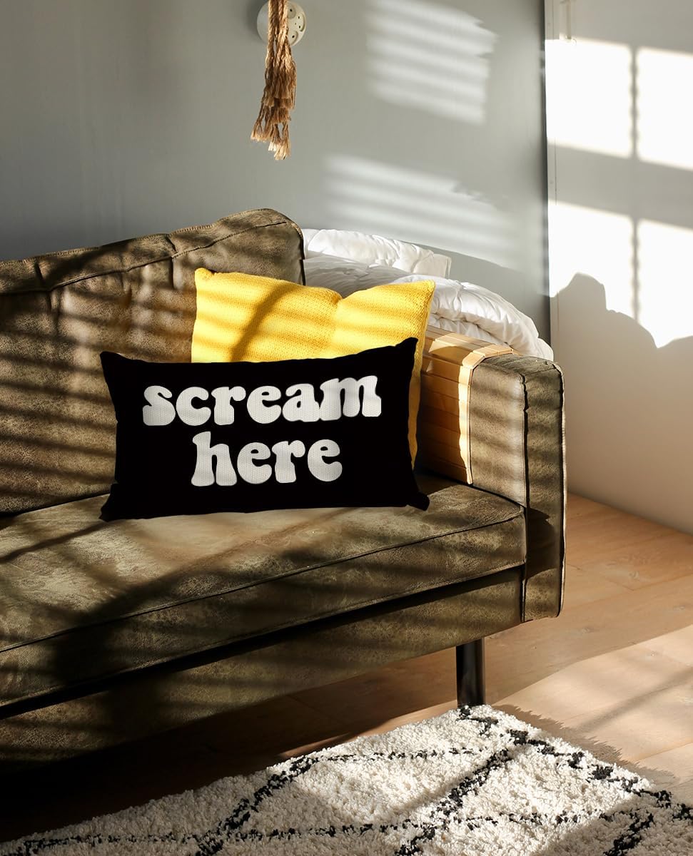 Mancheng-zi Funny Scream Decor, Scream 12x20 Pillow Cover, Fun Pillows,Fun Throw Pillows,Funny Throw Pillows,Fun Decorative Pillows,Scream Here Funny Humor Throw Pillow Case(Black)