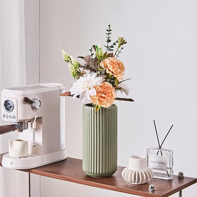 Green Ceramic Flower Vase for Pampas Grass, 8 inch Small Decorative Centerpiece Ribbed Vase for Dining Table, Office Desktop, Shelf Bookshelf, Mantel, Entryway, Bathroom, Countertop, Farmhouse, Gift