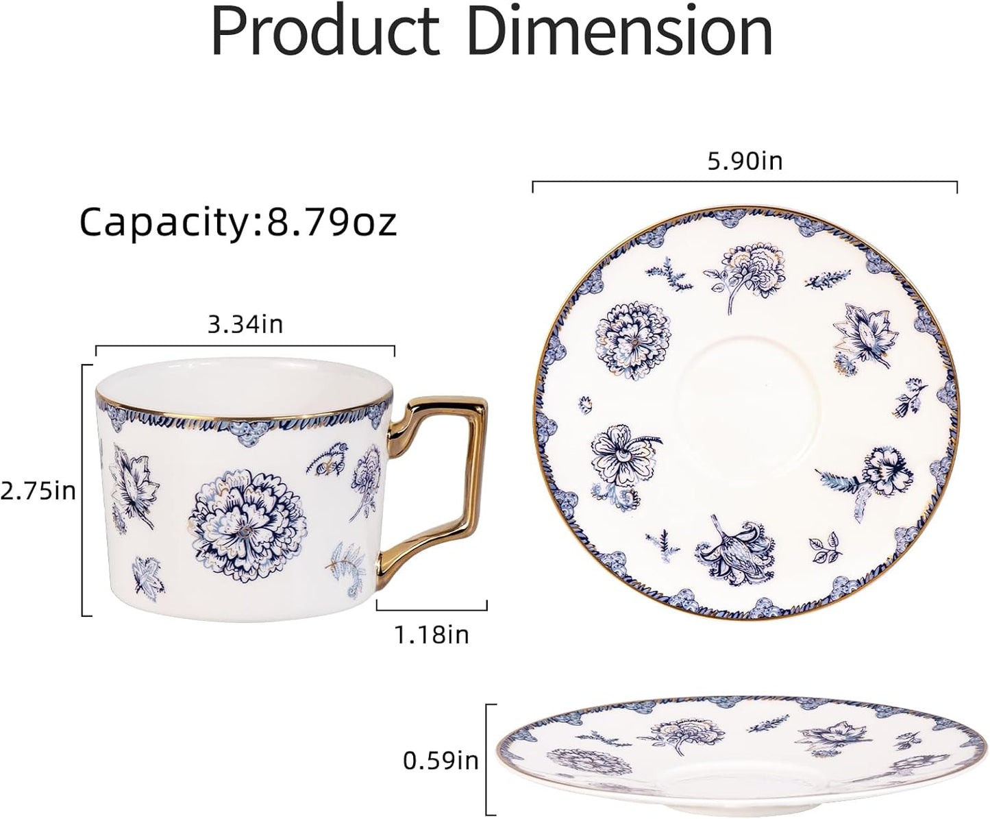 KAMMAK Tea Cups and Saucers Set of 2, Fine Bone China Coffee Cups, 8.5-Ounce Stackable Espresso Mugs, Ceramic Demitasse for Coffee, Cappuccino, Latte, Americano, Tea, English Navy