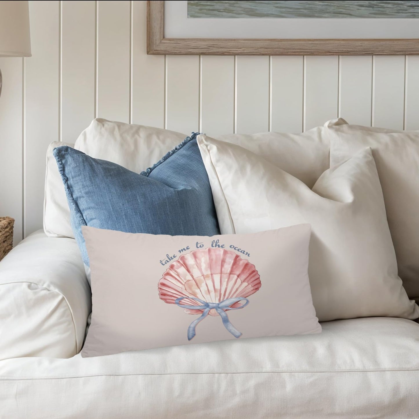 Coastal Girly Room Decor Aesthetic 12x20 Pillow Cover, Take Me to The Ocean Coquette Bow Seashell Decorative Lumbar Pillow Covers for Girls Bedroom College Dorm Sofa Couch