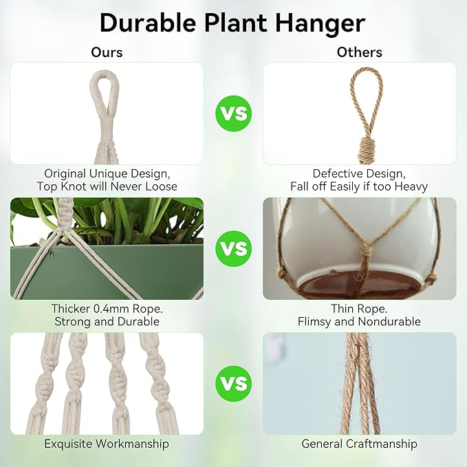 USLAI Macrame Plant Hanger Indoor Outdoor, Up to 4-15 inch Pot, Strong Hanging Planter Basket, Boho Home Decor, 35 Inch, Ivory (POTS NOT Included)