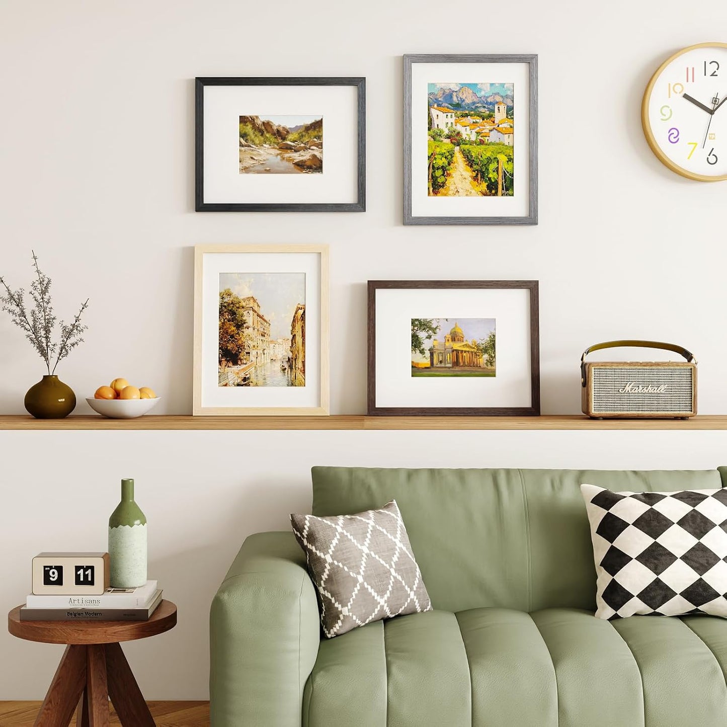 Egofine 11x14 Picture Frame Set of 4, Made of Solid Wood Multicolor Photo Frames Covered by Plexiglass 5x7 and 8x10 with Mat or 11x14 without Mat, for Table Top Display and Wall Mounting Mixed Colors