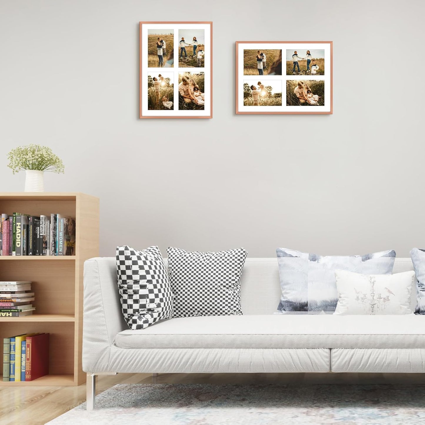 Frametory - 12x16 Aluminum Collage Picture Frame - Display 5x7 Pictures with 4 Openings Mat - Real Glass Front - Horizontal/Vertical Wall Mount - Rose Gold 1 Pack