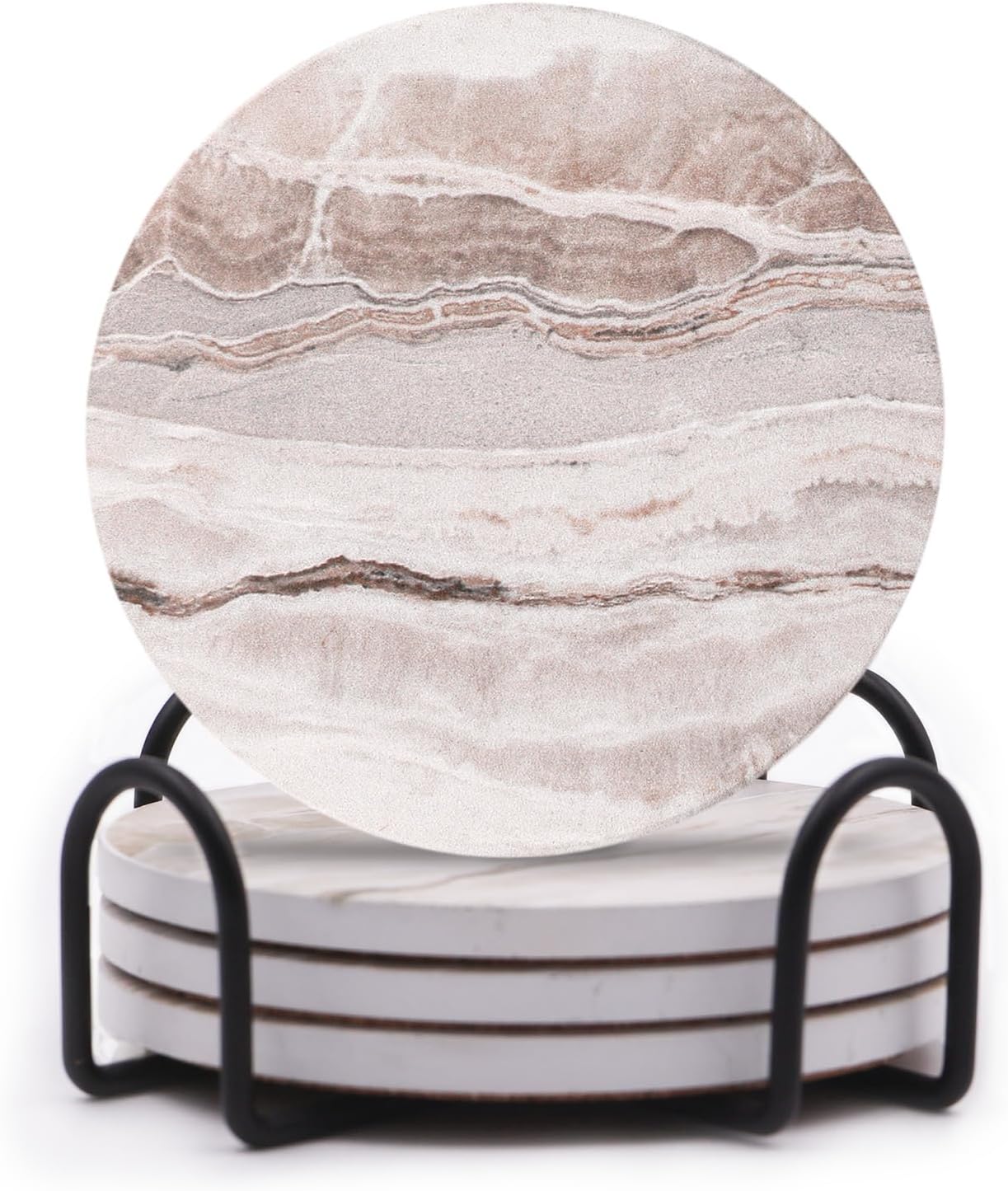 LIFVER Absorbent Coaster Sets of 4, Drink Coasters with Holder, Marble Style Ceramic Drink Coaster for Tabletop Protection, Suitable for Kinds of Cups, Wooden Table, Cool Home Decor, 4 Inches