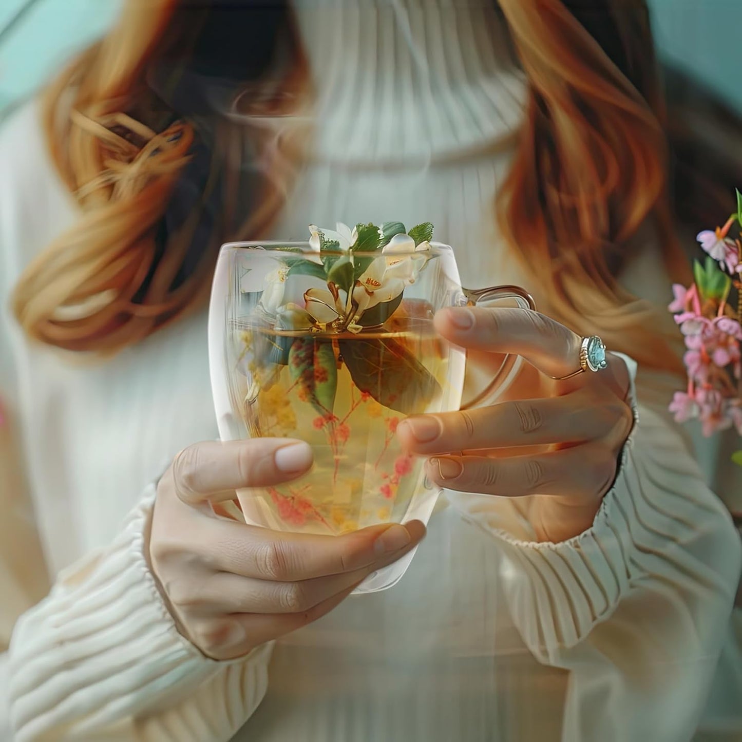 Gusto Buono 11oz Borosilicate Double Glass Mug, 2x Pink White and 2x Purple Dried Flowers, Set of 4, Designed in Italy