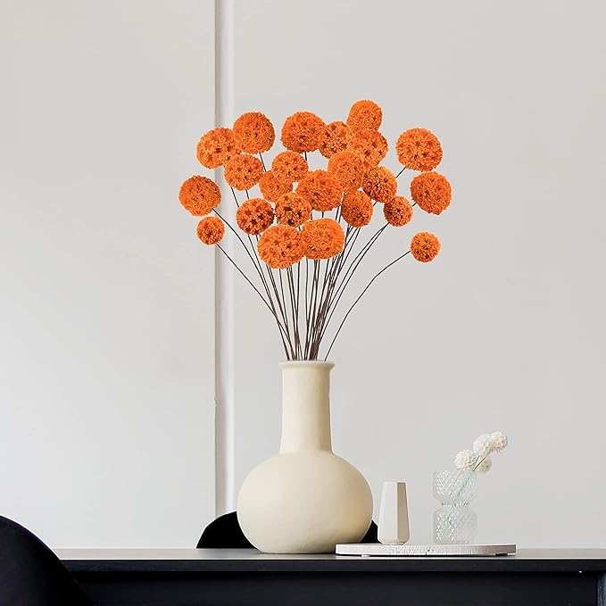 24 PCS Dried Craspedia Billy Balls Flowers, 18” Natural Dried Flowers Bouquet for Vase Floral Arrangements Wedding Table Centerpieces Party DIY Home Decor (Orange)