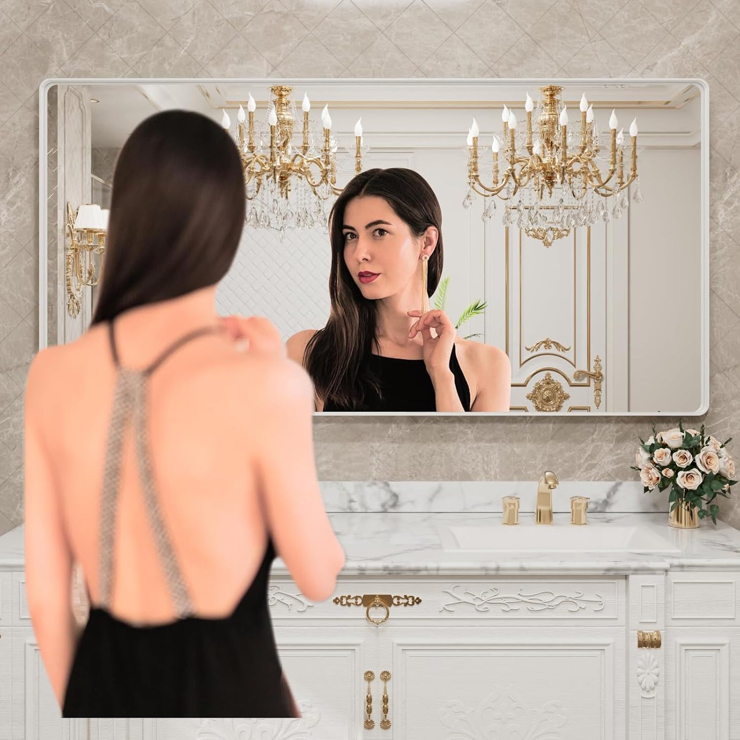 LOAAO 72x40 Inch White Metal Framed Bathroom Mirror for Wall, White Bathroom Vanity Mirror Farmhouse, Large Rounded Rectangle Mirror, Anti-Rust, Tempered Glass, Hangs Horizontally or Vertically