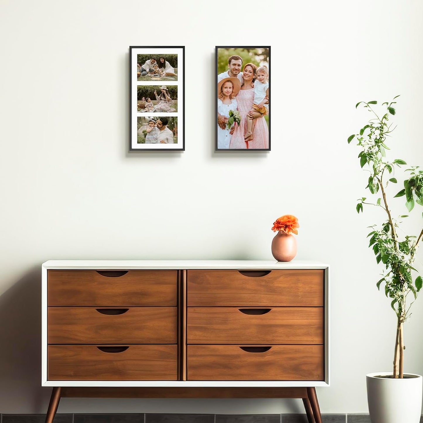 Frametory - 7x14 Aluminum Collage Picture Frame - Display 4x6 Pictures with 3 Openings Mat - Real Glass Front - Horizontal/Vertical Wall Mount - Black 1 Pack