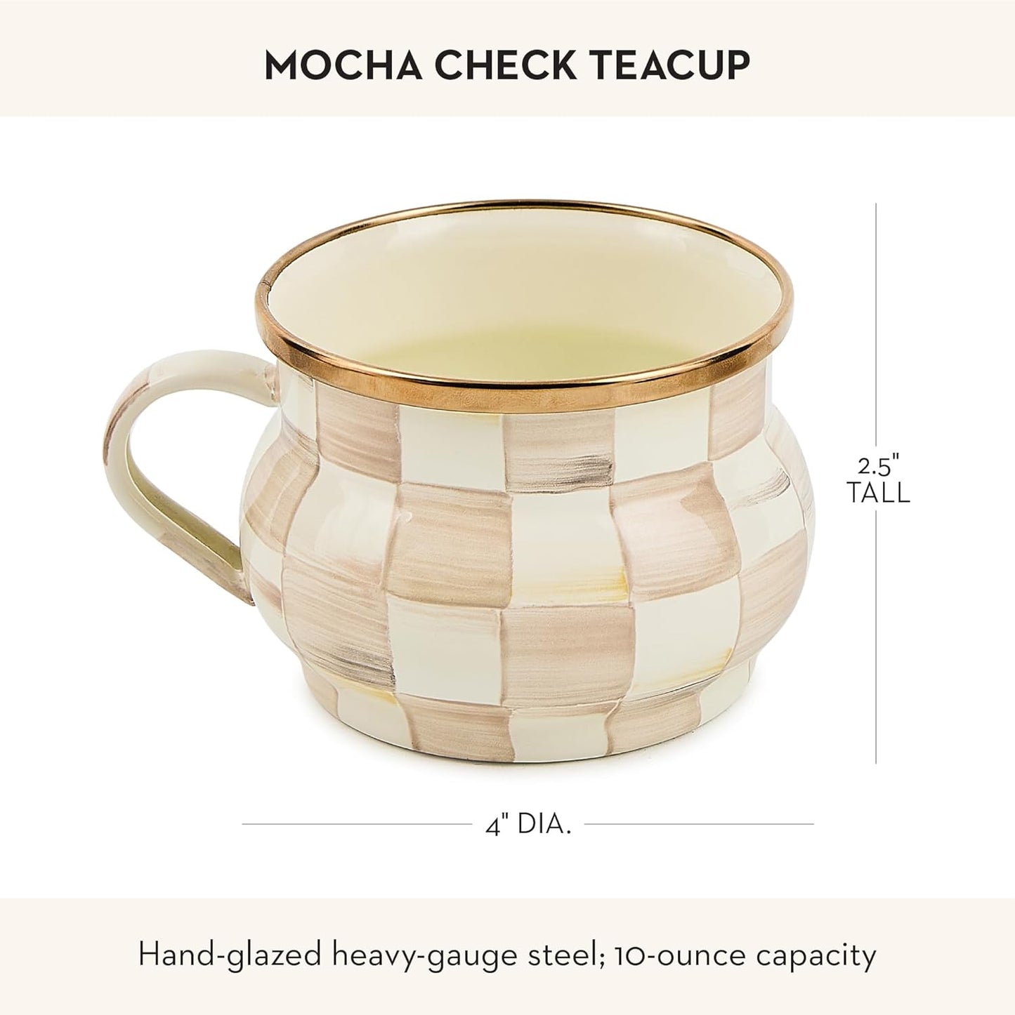 MACKENZIE-CHILDS Enamel Teacup, Unique Coffee and Tea Mug, Enamel Cup for Hot Tea, 10 Ounces, Brown-and-White Mocha Check